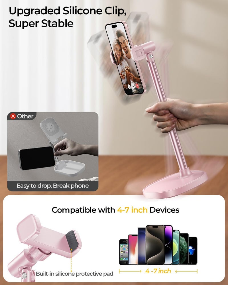DIMONCOAT Cell Phone Stand for Desk, Stocking Stuffers Gifts for Teens Girls Boys Adults，Phone Holder Angle Height Adjustable, Aluminum Alloy Universal iPhone Stand for iPhone 17 16 15 Pro Max -Pink - Image 5